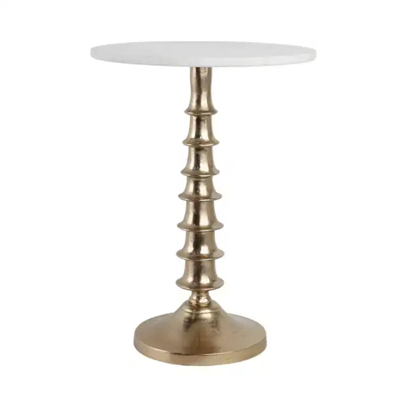 Table d'appoint ou de chevet élégante pour la décoration de la chambre - Plateau en marbre avec base nervurée pour la décoration de la chambre ou du salon - 22 Blanc et or