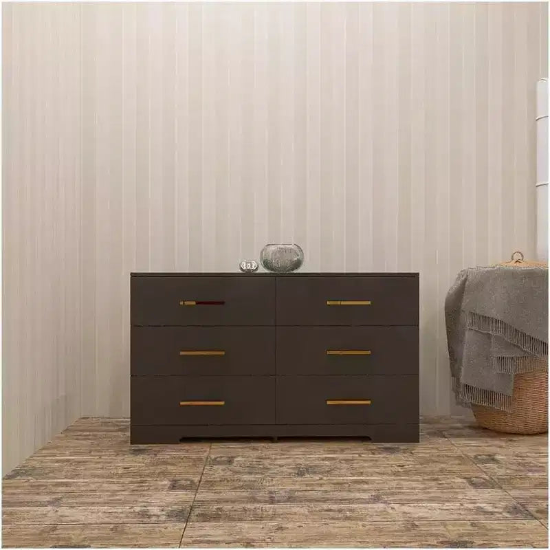 Commode noire à 6 tiroirs, grande, avec poignées dorées