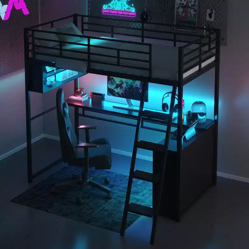 Lit mezzanine en métal Kelly GDFStudio avec LED, bureau et 4 étagères de rangement