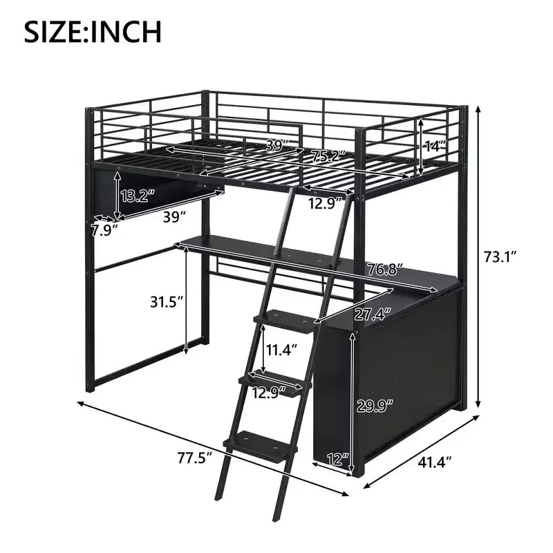 Lit mezzanine en métal Kelly GDFStudio avec LED, bureau et 4 étagères de rangement