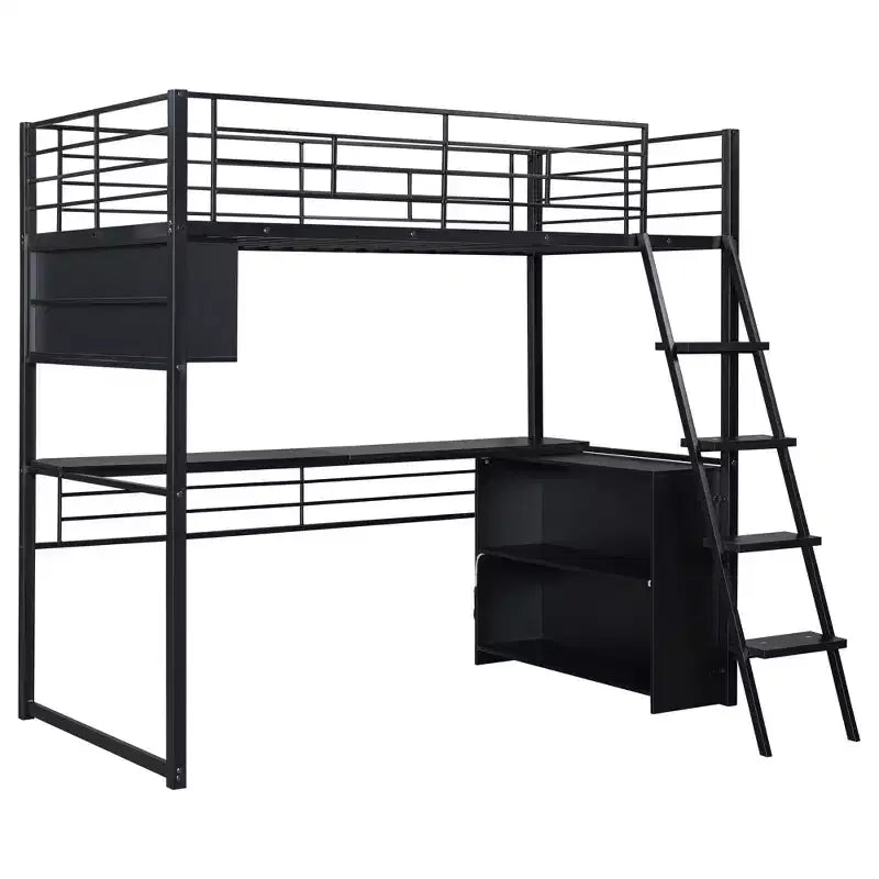 Lit mezzanine en métal Kelly GDFStudio avec LED, bureau et 4 étagères de rangement
