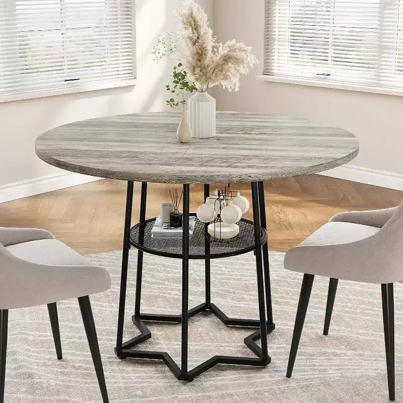 Table à manger ronde de 38 pouces avec base métallique hexagonale, plateau en bois et étagère de rangement inférieure, table compacte de style rustique pour cuisine, salon