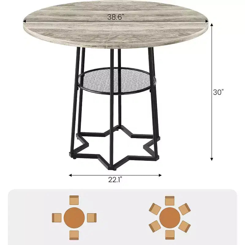 Table à manger ronde de 38 pouces avec base métallique hexagonale, plateau en bois et étagère de rangement inférieure, table compacte de style rustique pour cuisine, salon
