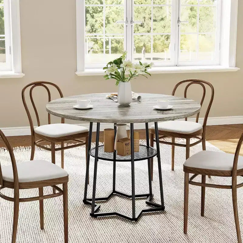 Table à manger ronde de 38 pouces avec base métallique hexagonale, plateau en bois et étagère de rangement inférieure, table compacte de style rustique pour cuisine, salon