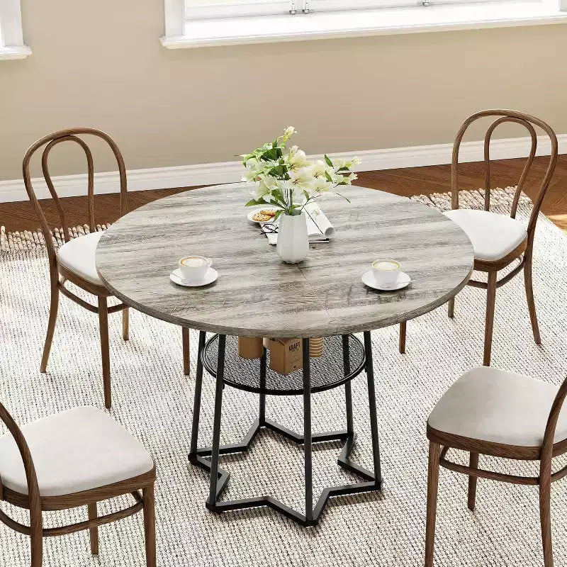 Table à manger ronde de 38 pouces avec base métallique hexagonale, plateau en bois et étagère de rangement inférieure, table compacte de style rustique pour cuisine, salon