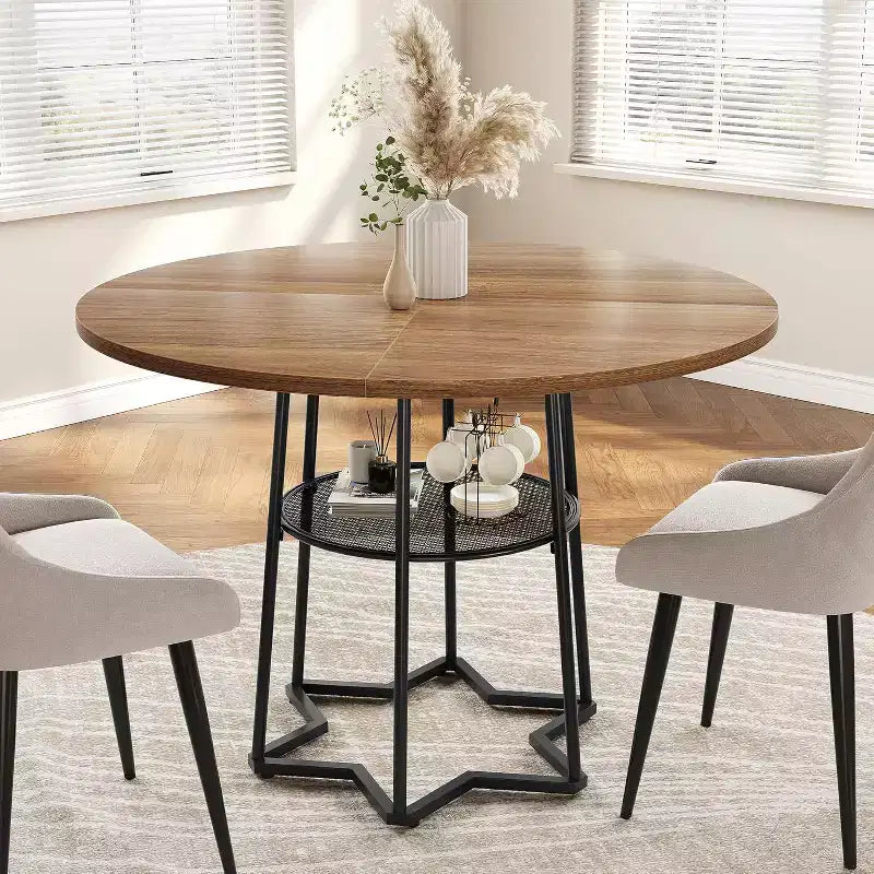 Table à manger ronde de 38 pouces avec base métallique hexagonale, plateau en bois et étagère de rangement inférieure, table compacte de style rustique pour cuisine, salon