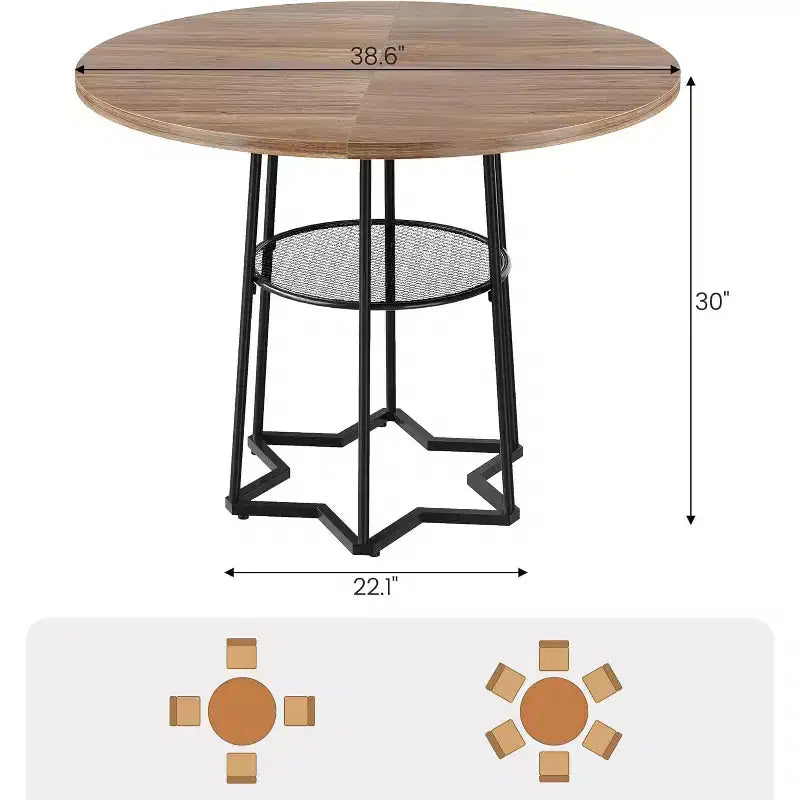 Table à manger ronde de 38 pouces avec base métallique hexagonale, plateau en bois et étagère de rangement inférieure, table compacte de style rustique pour cuisine, salon
