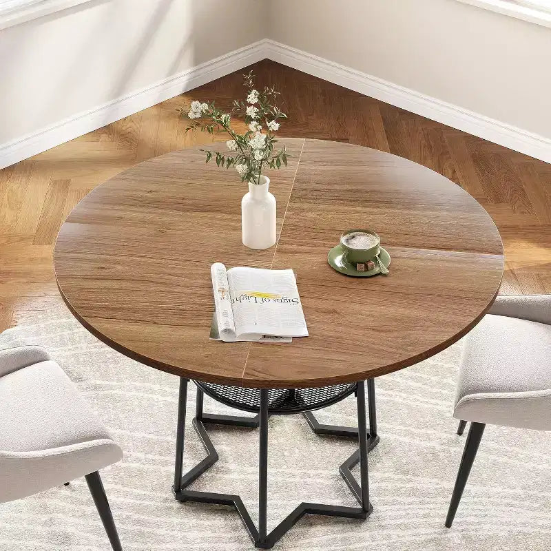 Table à manger ronde de 38 pouces avec base métallique hexagonale, plateau en bois et étagère de rangement inférieure, table compacte de style rustique pour cuisine, salon