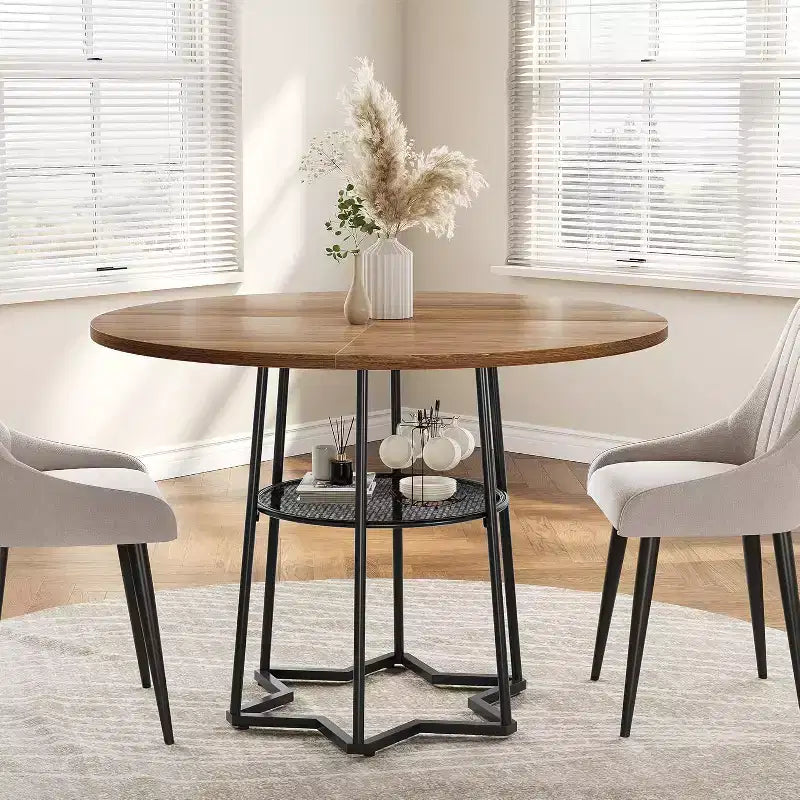 Table à manger ronde de 38 pouces avec base métallique hexagonale, plateau en bois et étagère de rangement inférieure, table compacte de style rustique pour cuisine, salon