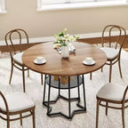Table à manger ronde de 38 pouces avec base métallique hexagonale, plateau en bois et étagère de rangement inférieure, table compacte de style rustique pour cuisine, salon