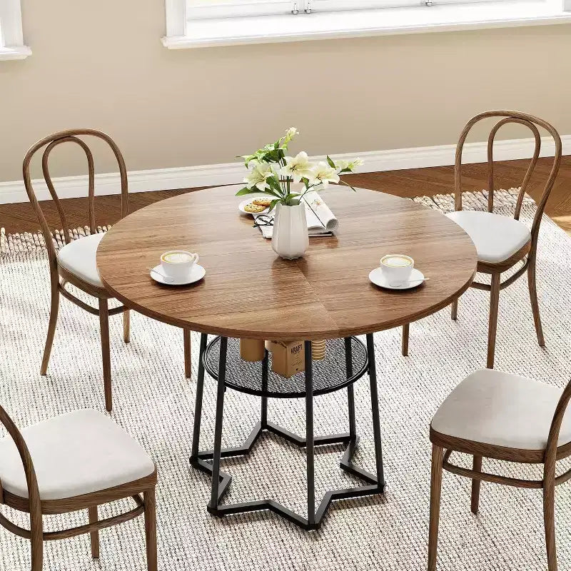 Table à manger ronde de 38 pouces avec base métallique hexagonale, plateau en bois et étagère de rangement inférieure, table compacte de style rustique pour cuisine, salon