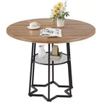 38 Round Dining Table with Hexagon Metal Base, Wooden Tabletop and Lower Storage Shelf, Compact Farmhouse Style Table for Kitchen, Living Room