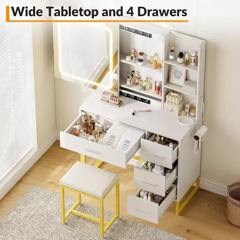 Table de maquillage avec miroir et lumières, Coiffeuse de maquillage, 3 modes de couleur, avec prise de courant, Coiffeuse moderne