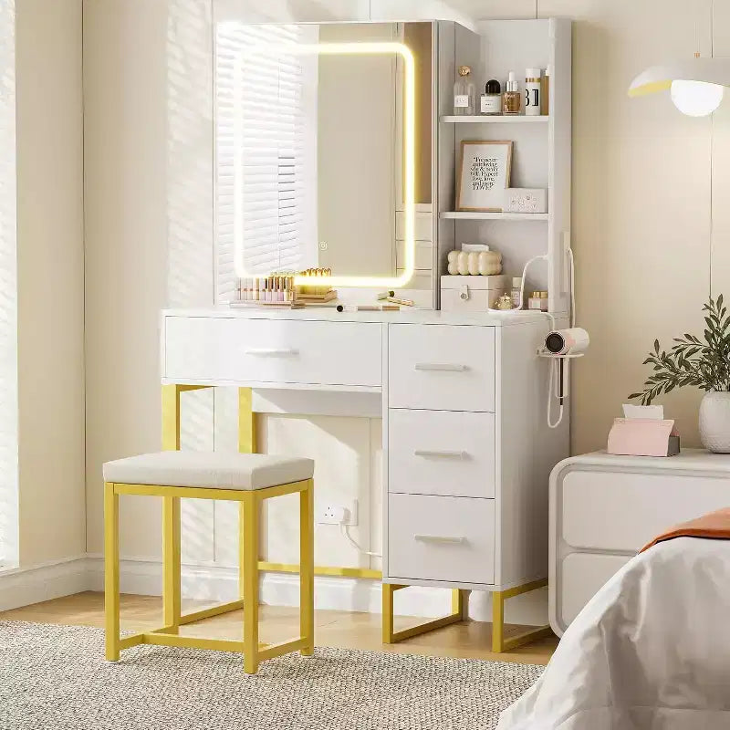 Table de maquillage avec miroir et lumières, Coiffeuse de maquillage, 3 modes de couleur, avec prise de courant, Coiffeuse moderne
