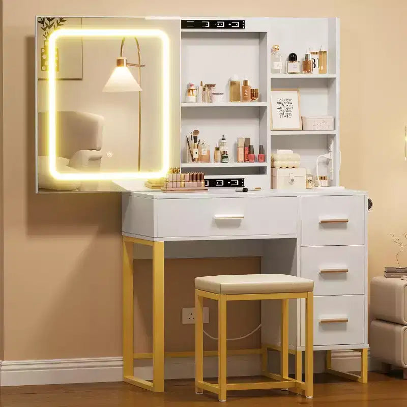 Table de maquillage avec miroir et lumières, Coiffeuse de maquillage, 3 modes de couleur, avec prise de courant, Coiffeuse moderne