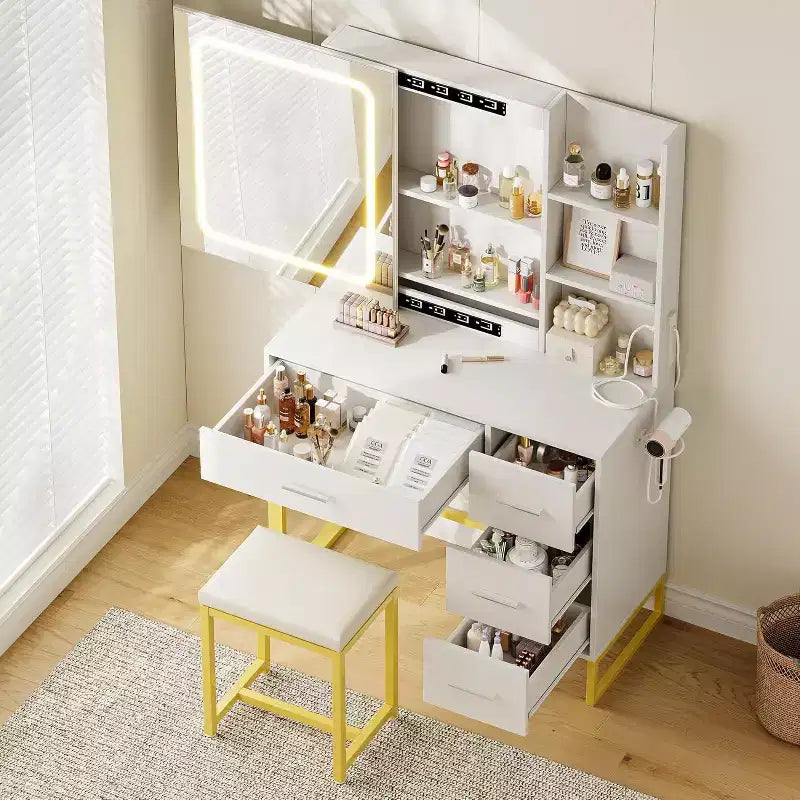 Table de maquillage avec miroir et lumières, Coiffeuse de maquillage, 3 modes de couleur, avec prise de courant, Coiffeuse moderne