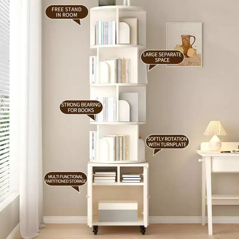 Bibliothèque rotative, étagère d'angle à 5 niveaux affichage à 360 degrés avec tiroir pour petits espaces, étagère de rangement sur pied pour chambre à coucher