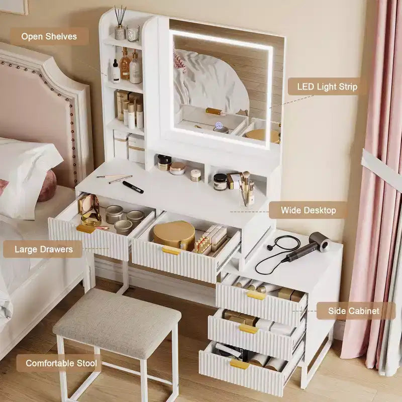 Coiffeuse de maquillage avec miroir, ensemble de coiffeuse avec tabouret rembourré, table de toilette avec 5 grands tiroirs, coiffeuse de chambre pour femmes