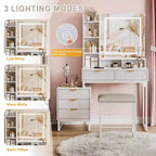 Coiffeuse de maquillage avec miroir, ensemble de coiffeuse avec tabouret rembourré, table de toilette avec 5 grands tiroirs, coiffeuse de chambre pour femmes