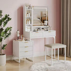 Coiffeuse de maquillage avec miroir, ensemble de coiffeuse avec tabouret rembourré, table de toilette avec 5 grands tiroirs, coiffeuse de chambre pour femmes