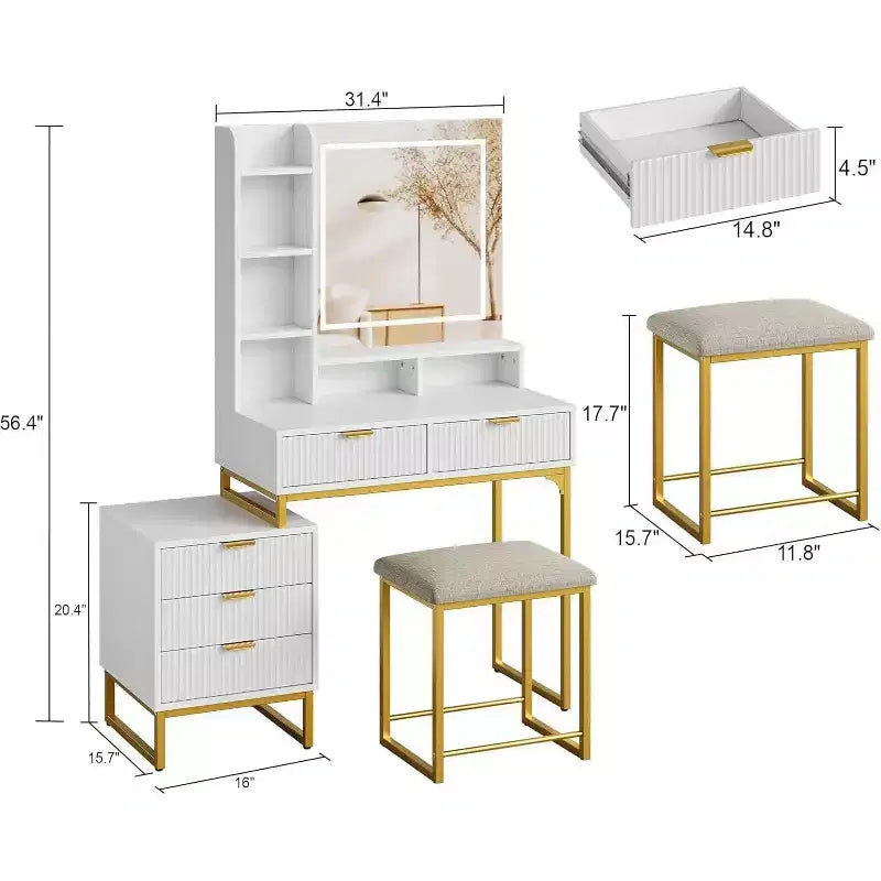 Coiffeuse de maquillage avec miroir, ensemble de coiffeuse avec tabouret rembourré, table de toilette avec 5 grands tiroirs, coiffeuse de chambre pour femmes
