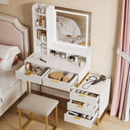 Coiffeuse de maquillage avec miroir, ensemble de coiffeuse avec tabouret rembourré, table de toilette avec 5 grands tiroirs, coiffeuse de chambre pour femmes