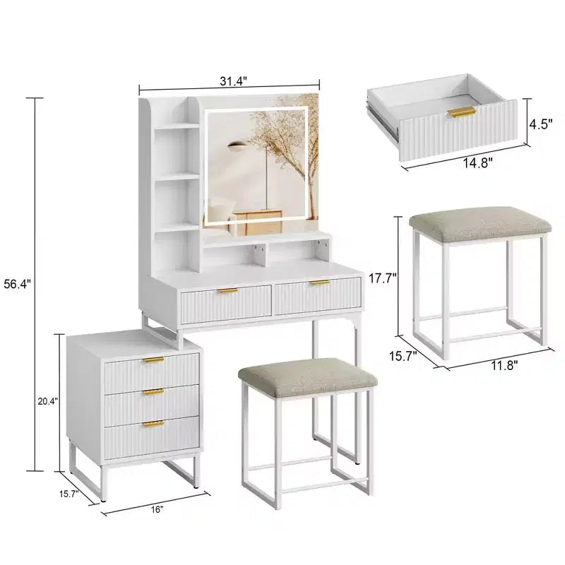 Coiffeuse de maquillage avec miroir, ensemble de coiffeuse avec tabouret rembourré, table de toilette avec 5 grands tiroirs, coiffeuse de chambre pour femmes