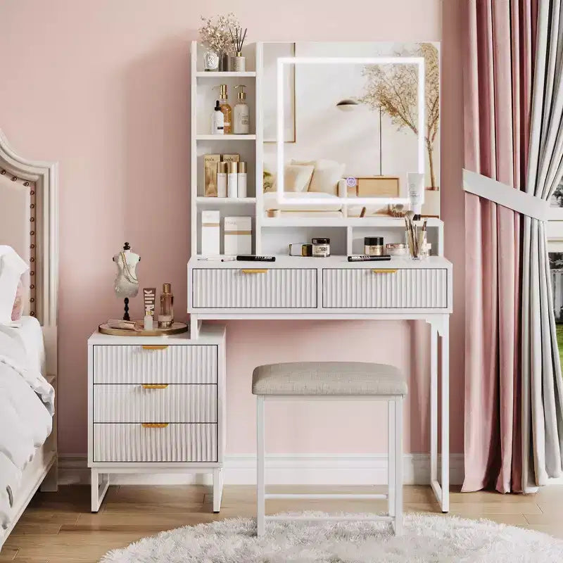 Coiffeuse de maquillage avec miroir, ensemble de coiffeuse avec tabouret rembourré, table de toilette avec 5 grands tiroirs, coiffeuse de chambre pour femmes