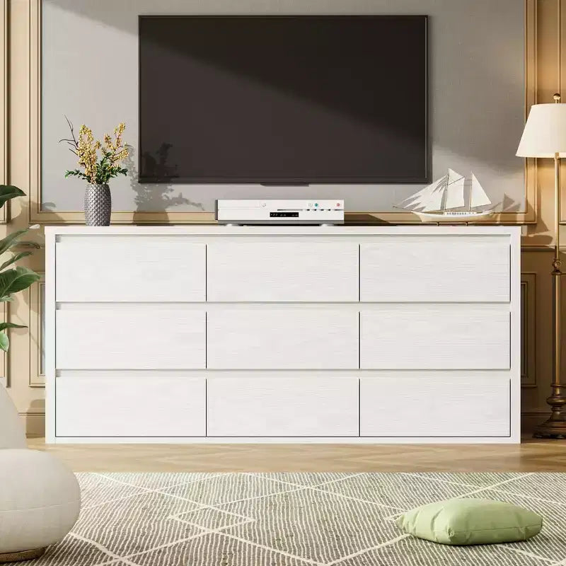 Commode à 9 tiroirs pour chambre à coucher, commode en bois de 58 pouces de large, meuble TV double tiroir, organisateur de rangement de vêtements pour placard, couloir, chambre à coucher