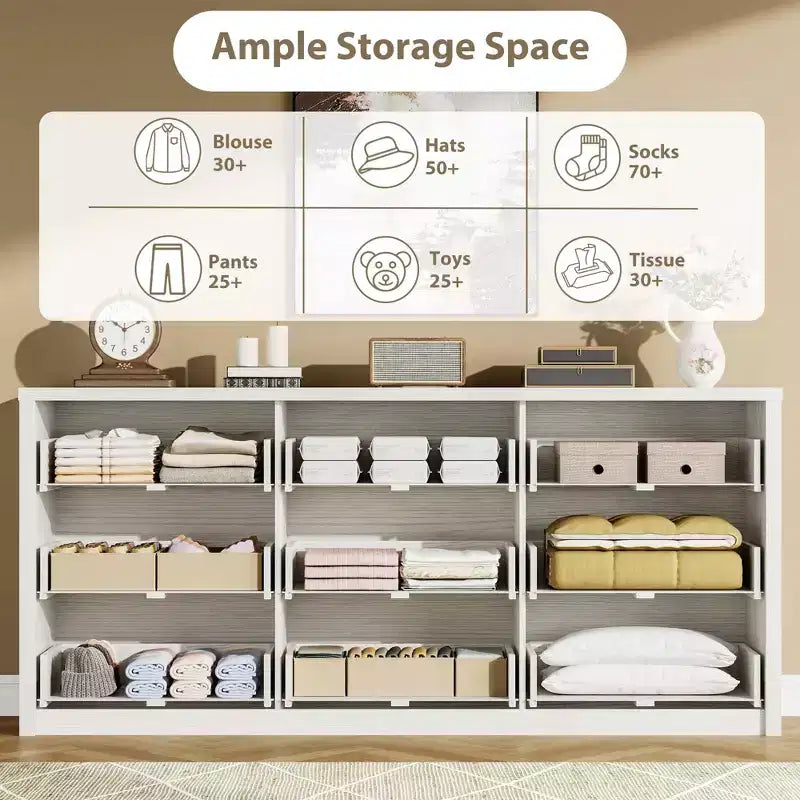 Commode à 9 tiroirs pour chambre à coucher, commode en bois de 58 pouces de large, meuble TV double tiroir, organisateur de rangement de vêtements pour placard, couloir, chambre à coucher