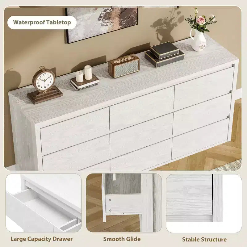 Commode à 9 tiroirs pour chambre à coucher, commode en bois de 58 pouces de large, meuble TV double tiroir, organisateur de rangement de vêtements pour placard, couloir, chambre à coucher