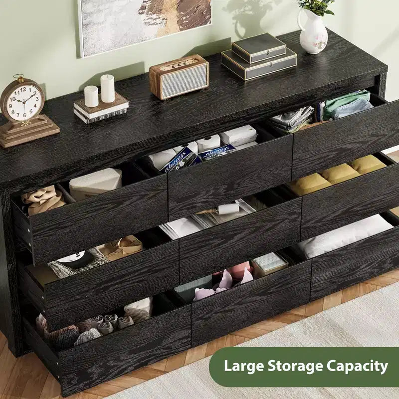 Commode à 9 tiroirs pour chambre à coucher, commode en bois de 58 pouces de large, meuble TV double tiroir, organisateur de rangement de vêtements pour placard, couloir, chambre à coucher