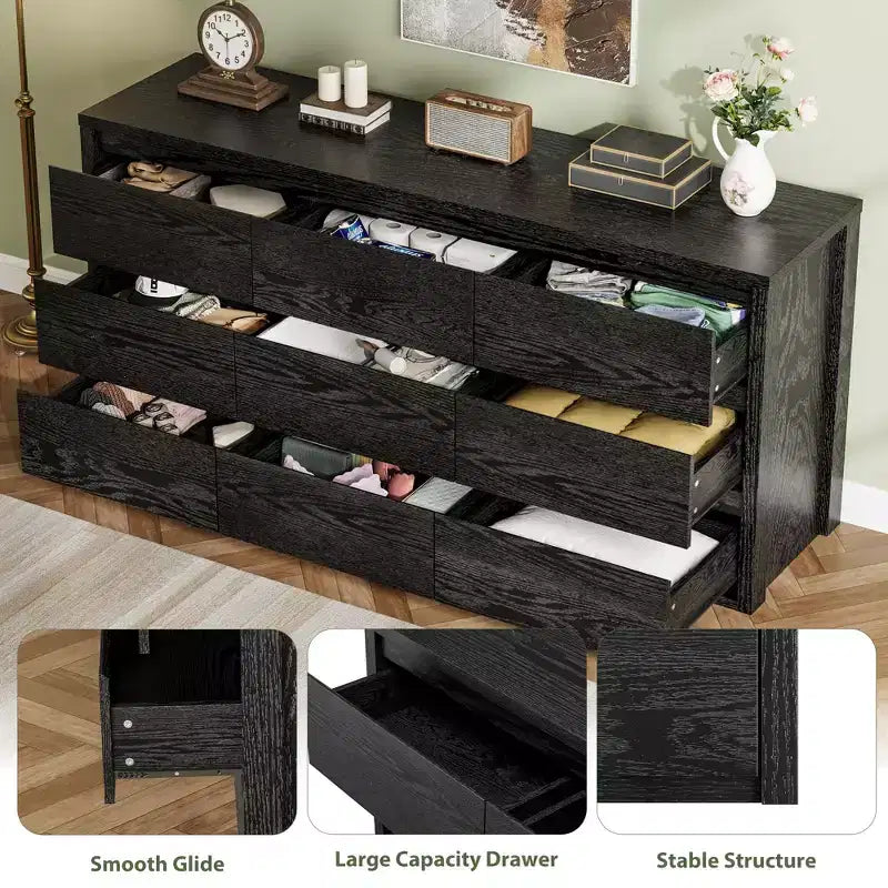 Commode à 9 tiroirs pour chambre à coucher, commode en bois de 58 pouces de large, meuble TV double tiroir, organisateur de rangement de vêtements pour placard, couloir, chambre à coucher