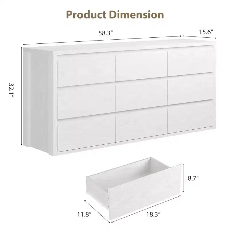Commode à 9 tiroirs pour chambre à coucher, commode en bois de 58 pouces de large, meuble TV double tiroir, organisateur de rangement de vêtements pour placard, couloir, chambre à coucher