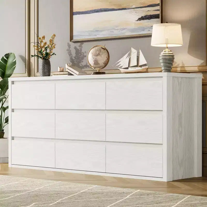 Commode à 9 tiroirs pour chambre à coucher, commode en bois de 58 pouces de large, meuble TV double tiroir, organisateur de rangement de vêtements pour placard, couloir, chambre à coucher