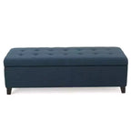 Pouf de rangement rembourré Okak avec capitonnage gaufré, banc de rangement avec pieds en bois, banc d'entrée pour salon, bleu marine