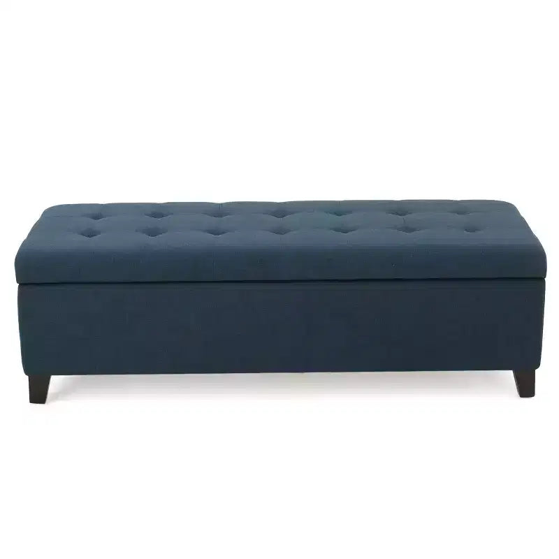 Pouf de rangement rembourré Okak avec capitonnage gaufré, banc de rangement avec pieds en bois, banc d'entrée pour salon, bleu marine