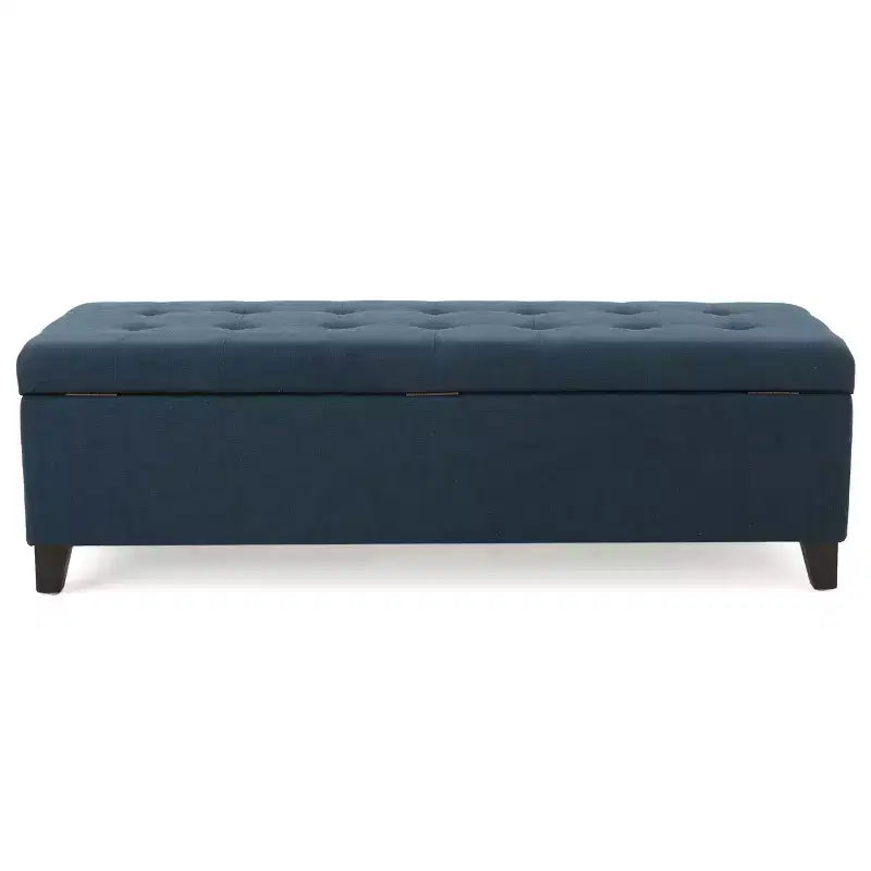 Pouf de rangement rembourré Okak avec capitonnage gaufré, banc de rangement avec pieds en bois, banc d'entrée pour salon, bleu marine