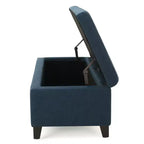 Pouf de rangement rembourré Okak avec capitonnage gaufré, banc de rangement avec pieds en bois, banc d'entrée pour salon, bleu marine
