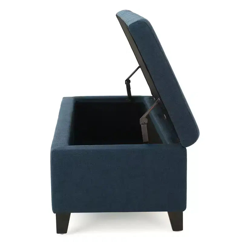 Pouf de rangement rembourré Okak avec capitonnage gaufré, banc de rangement avec pieds en bois, banc d'entrée pour salon, bleu marine