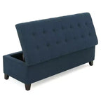 Pouf de rangement rembourré Okak avec capitonnage gaufré, banc de rangement avec pieds en bois, banc d'entrée pour salon, bleu marine