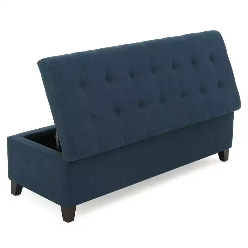 Pouf de rangement rembourré Okak avec capitonnage gaufré, banc de rangement avec pieds en bois, banc d'entrée pour salon, bleu marine
