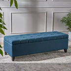 Pouf de rangement rembourré Okak avec capitonnage gaufré, banc de rangement avec pieds en bois, banc d'entrée pour salon, bleu marine