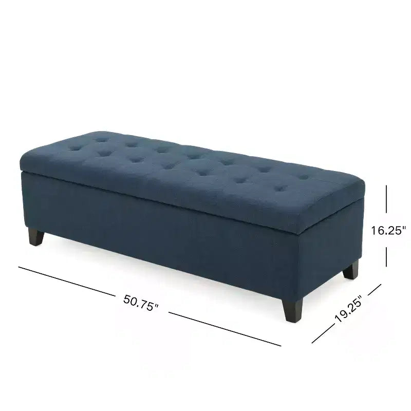 Pouf de rangement rembourré Okak avec capitonnage gaufré, banc de rangement avec pieds en bois, banc d'entrée pour salon, bleu marine