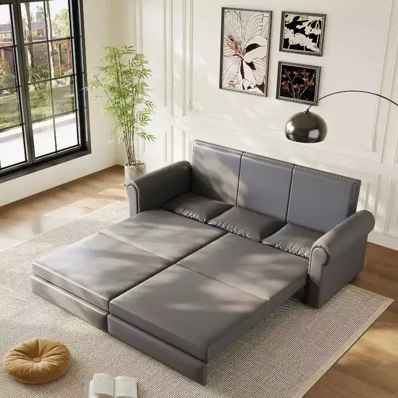 MAYEERTY 93.7 Canapé-lit King Size extensible, canapé-lit convertible 3-en-1 en similicuir avec garniture cloutée et accoudoirs roulés, gris