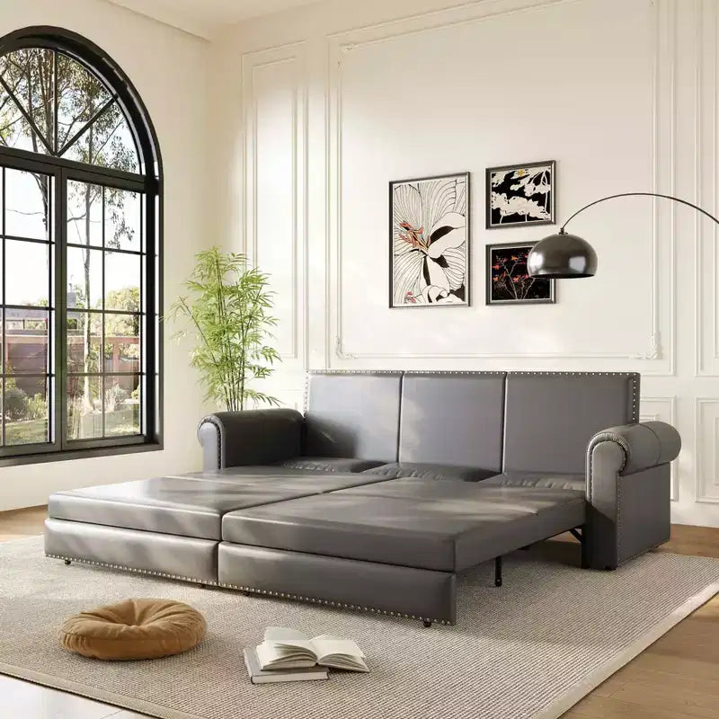 MAYEERTY 93.7 Canapé-lit King Size extensible, canapé-lit convertible 3-en-1 en similicuir avec garniture cloutée et accoudoirs roulés, gris