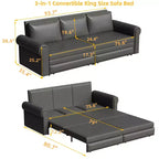 MAYEERTY 93.7 Canapé-lit King Size extensible, canapé-lit convertible 3-en-1 en similicuir avec garniture cloutée et accoudoirs roulés, gris