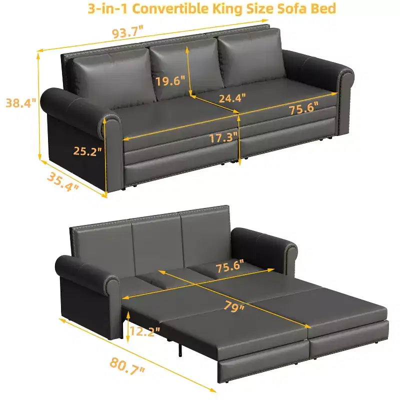 MAYEERTY 93.7 Canapé-lit King Size extensible, canapé-lit convertible 3-en-1 en similicuir avec garniture cloutée et accoudoirs roulés, gris