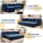 MAYEERTY 89 Canapé 3 places en velours avec pouf mobile, canapé-lit escamotable 3-en-1, grand lit bleu