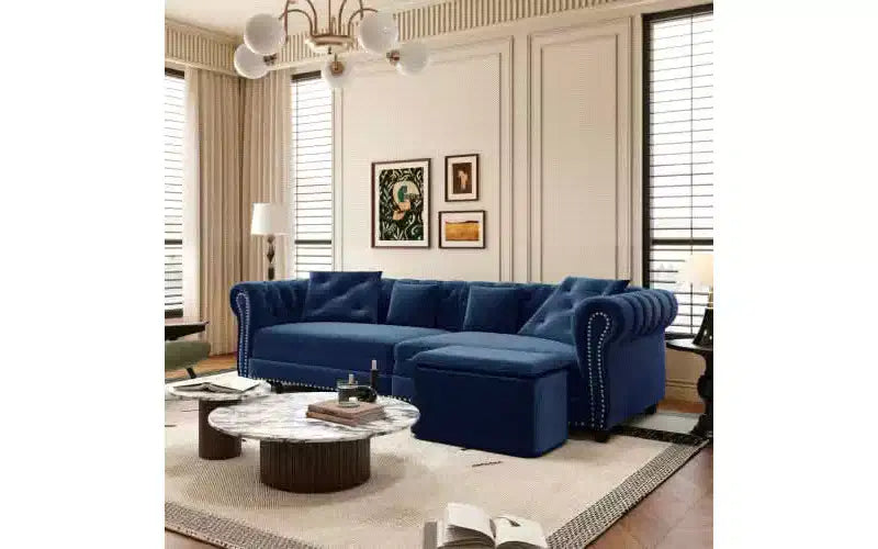 MAYEERTY 89 Canapé 3 places en velours avec pouf mobile, canapé-lit escamotable 3-en-1, grand lit bleu